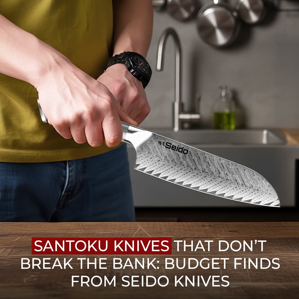 Person holding Seido santoku knife in kitchen.