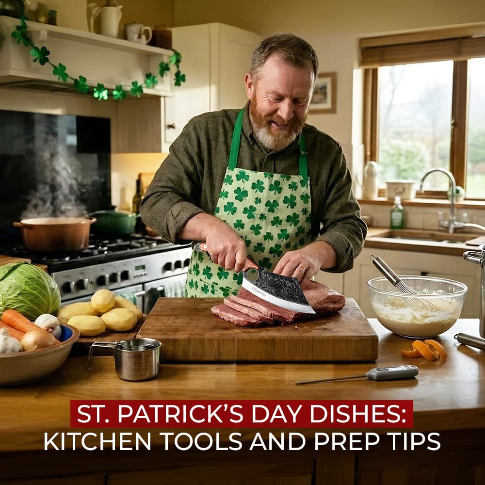 Chef preparing St. Patrick’s Day meal with a kitchen knife.