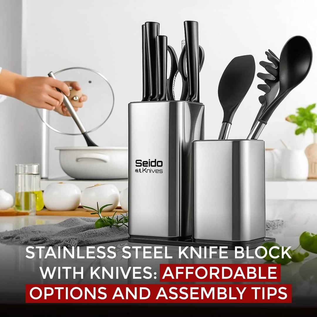 A stainless steel Seido knife block and utensil holder on a counter with a person cooking in the background.