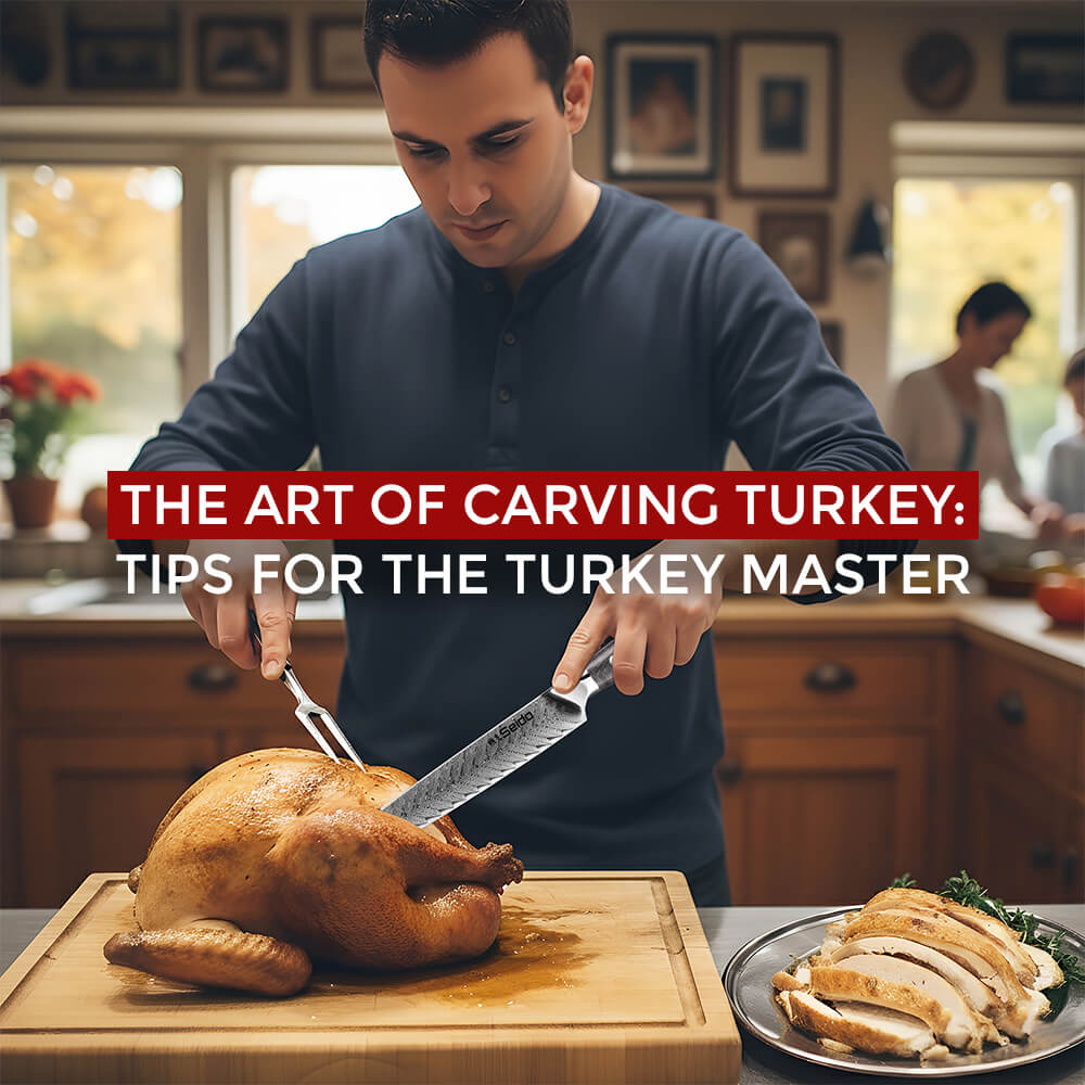 Man expertly carving a roasted turkey on a wooden board using a Seido knife in a cozy kitchen setting.