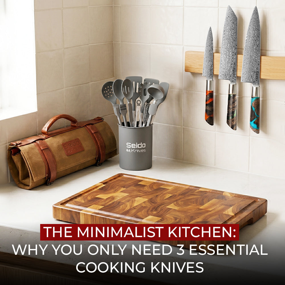 Minimalist kitchen with three essential Japanese chef knives, cutting board and cooking accessories displayed on countertop
