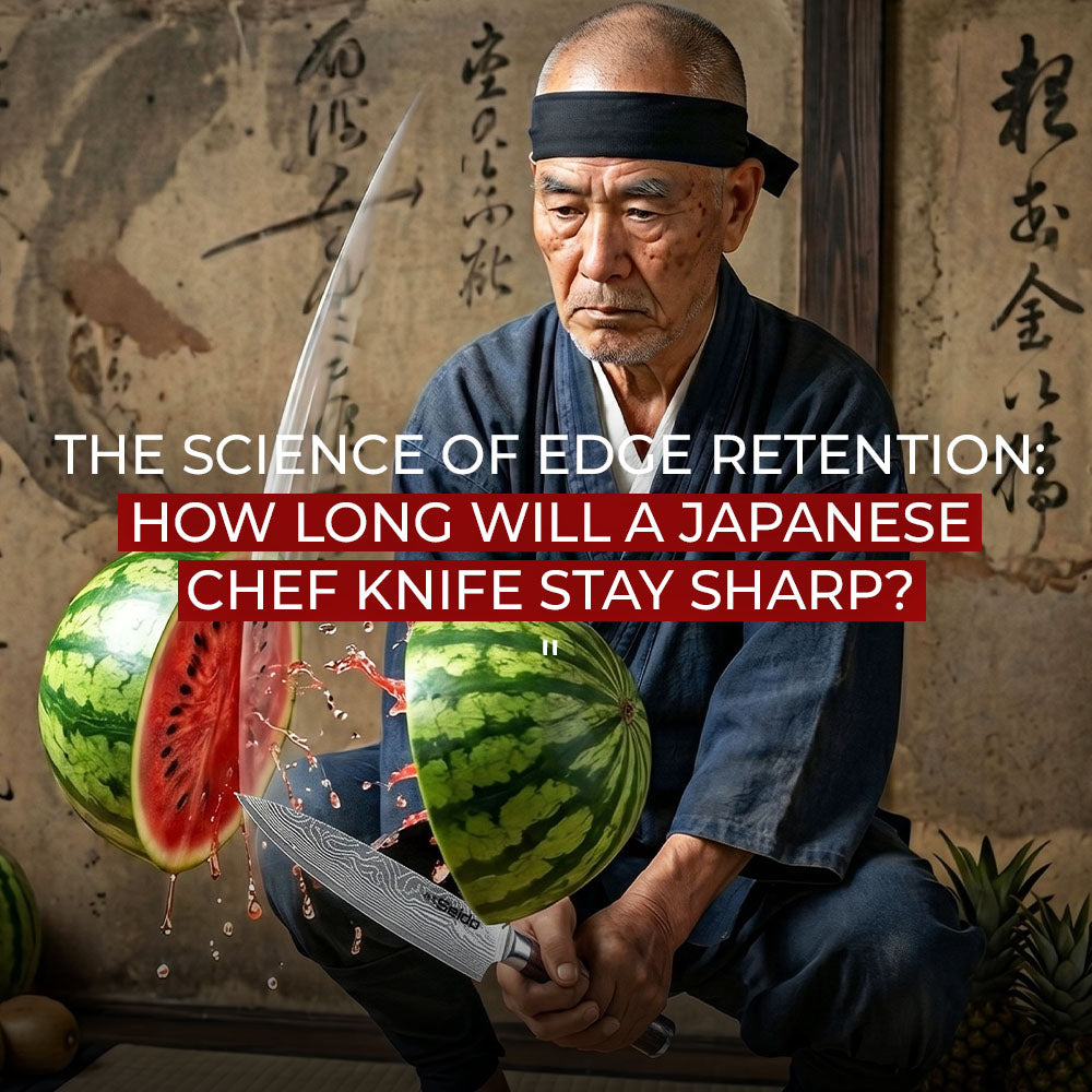 Japanese chef knife edge retention test with sharp blade slicing watermelon