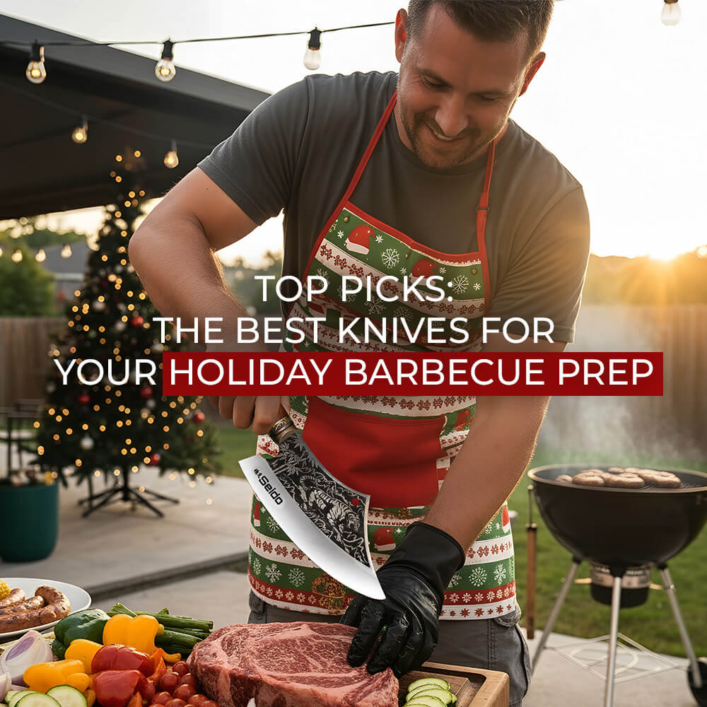 Man wearing a festive apron slicing a large steak with a Seido knife during a holiday backyard barbecue.