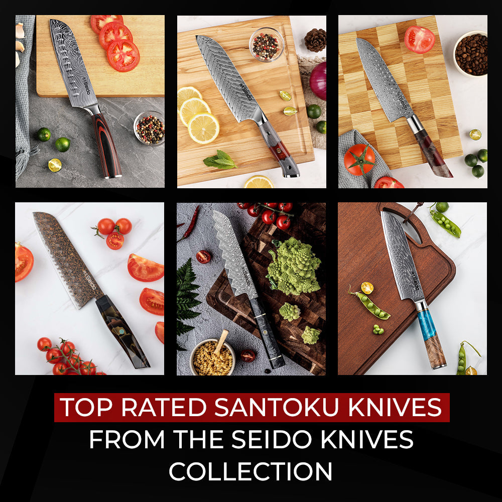 Top-rated Santoku knives from the Seido Knives collection displayed on cutting boards