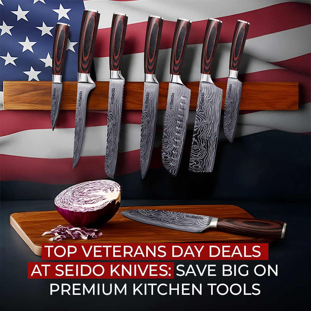 A set of Seido Japanese kitchen knives displayed against an American flag backdrop