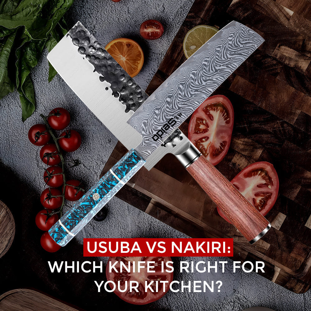 Usuba and Nakiri knives crossed over a cutting board with vegetables