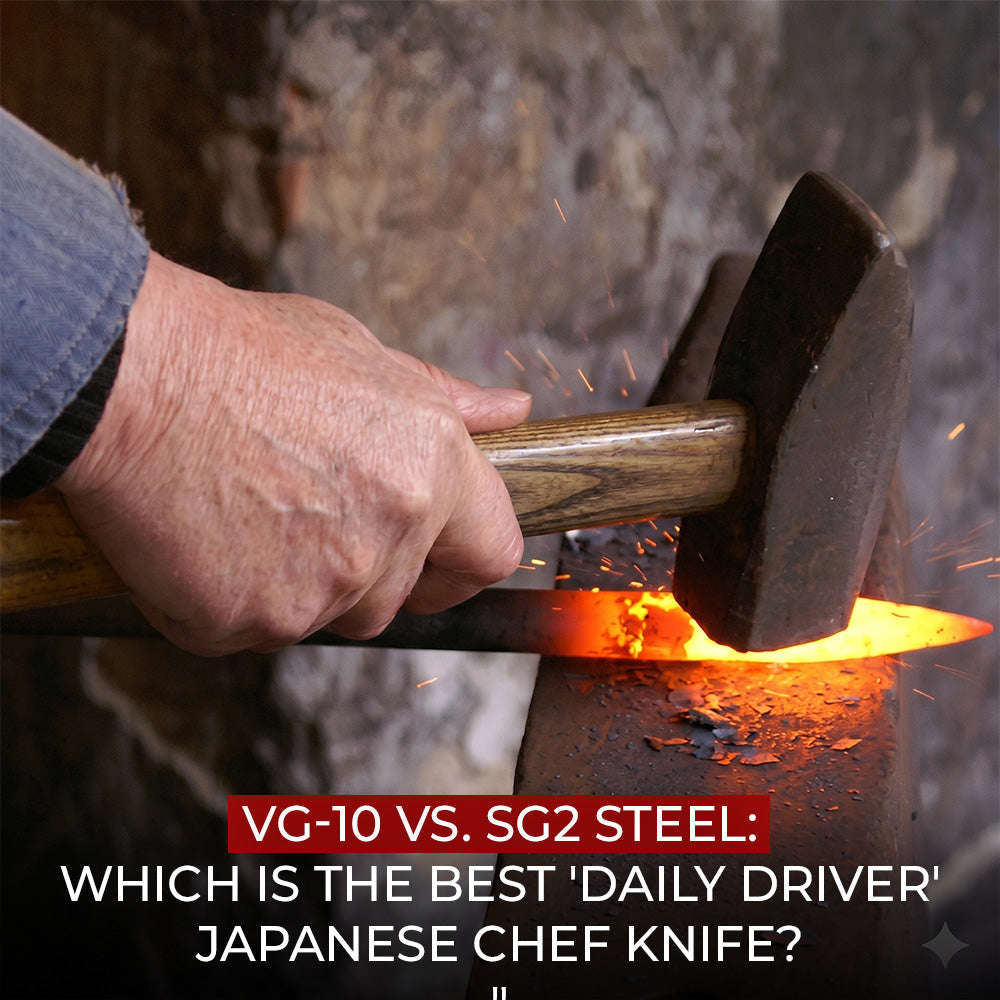 Blacksmith forging Japanese knife steel for VG-10 vs SG2 chef knife comparison