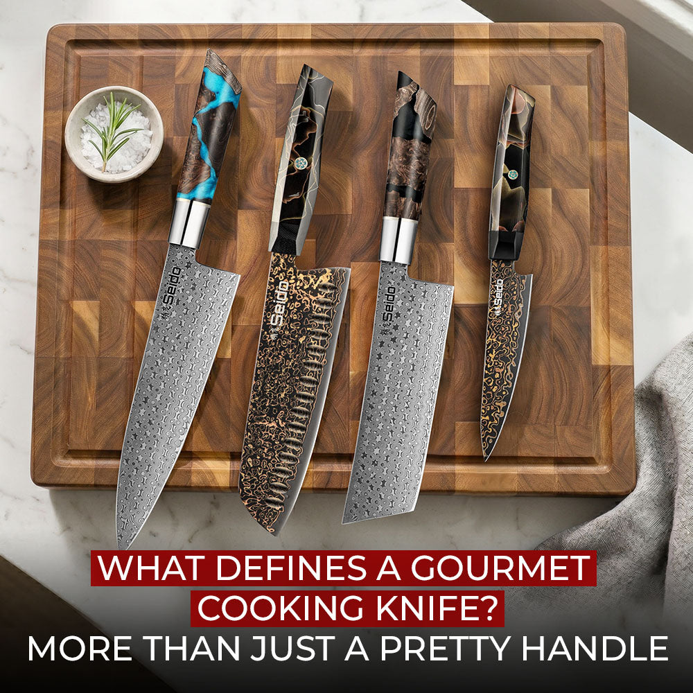 Premium gourmet cooking knives with artisan handles on wooden cutting board