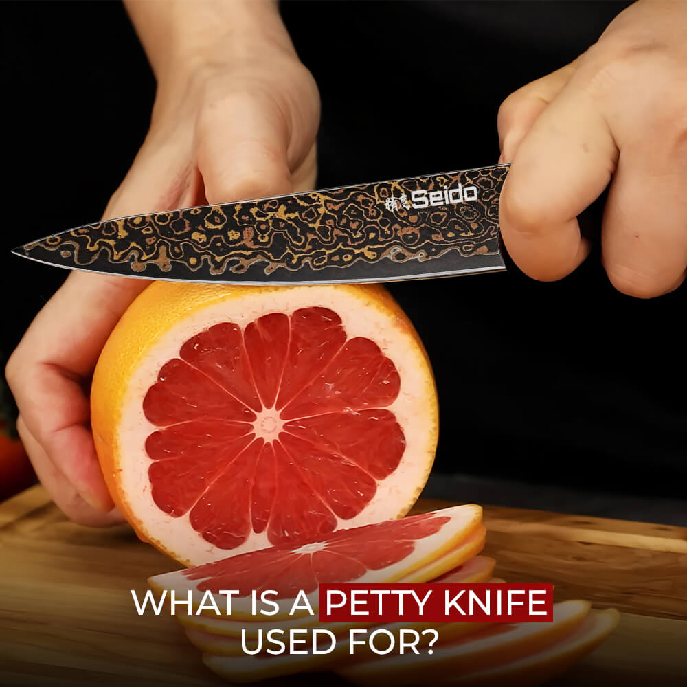 Petty knife slicing a grapefruit, showing precise cutting for peeling, trimming, and small fruit preparation in the kitchen.