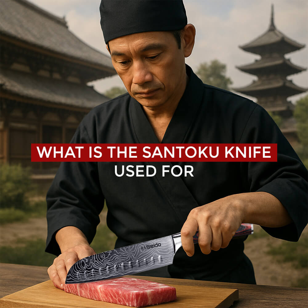 A chef slicing a piece of raw tuna on a cutting board with a Santoku knife.