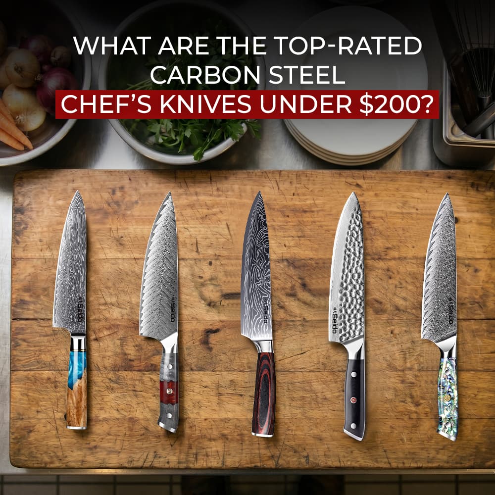 Top-rated carbon steel chef knives under $200 displayed on wooden cutting board