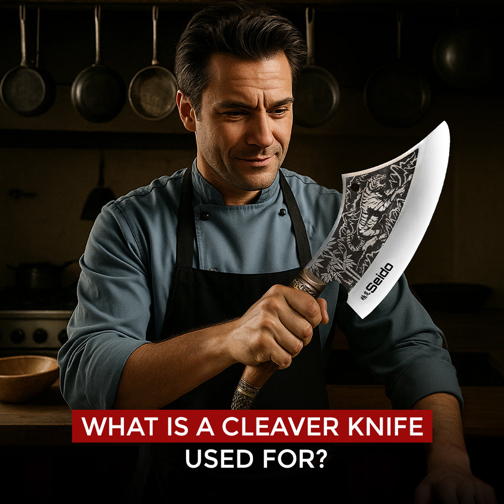 A person holds a piece of pork belly against an ornate Seido cleaver knife engraved with a tiger design.