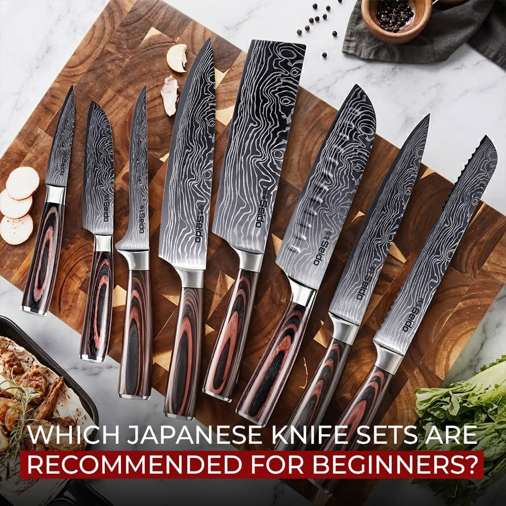 Japanese knife set laid out on a cutting board for beginner recommendations