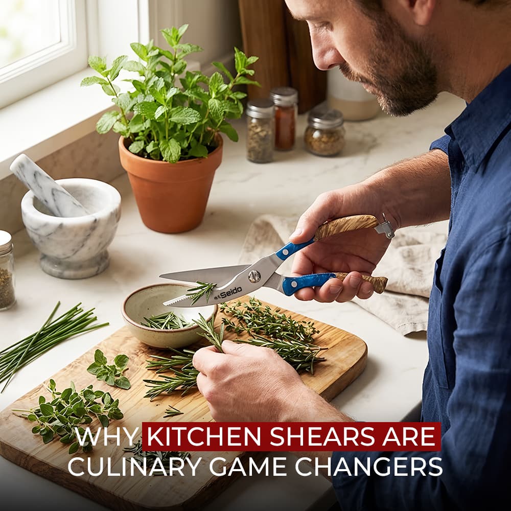 Chef cutting fresh herbs with kitchen shears on a wooden cutting board.