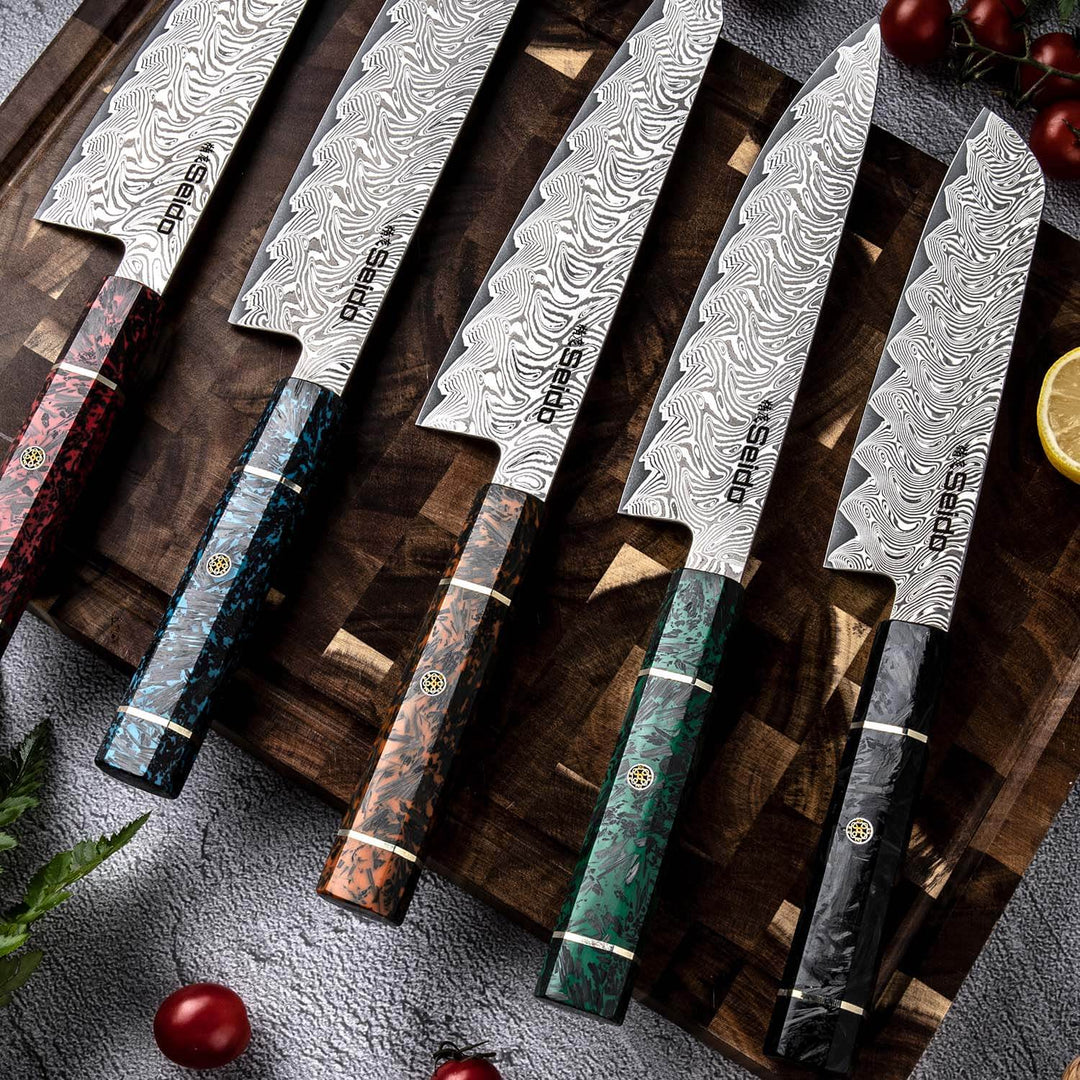 Seido's 5-Piece Epokishi Series knives layed out on a cutting board