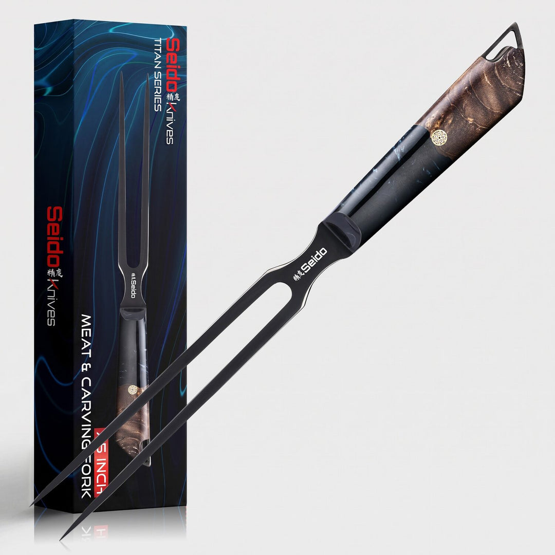 Titan 7.5-inch Meat Carving Fork displayed with its Titan Series retail box