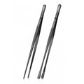 Two 12-inch serving tweezers—fine tip and flat tip—on a white background.