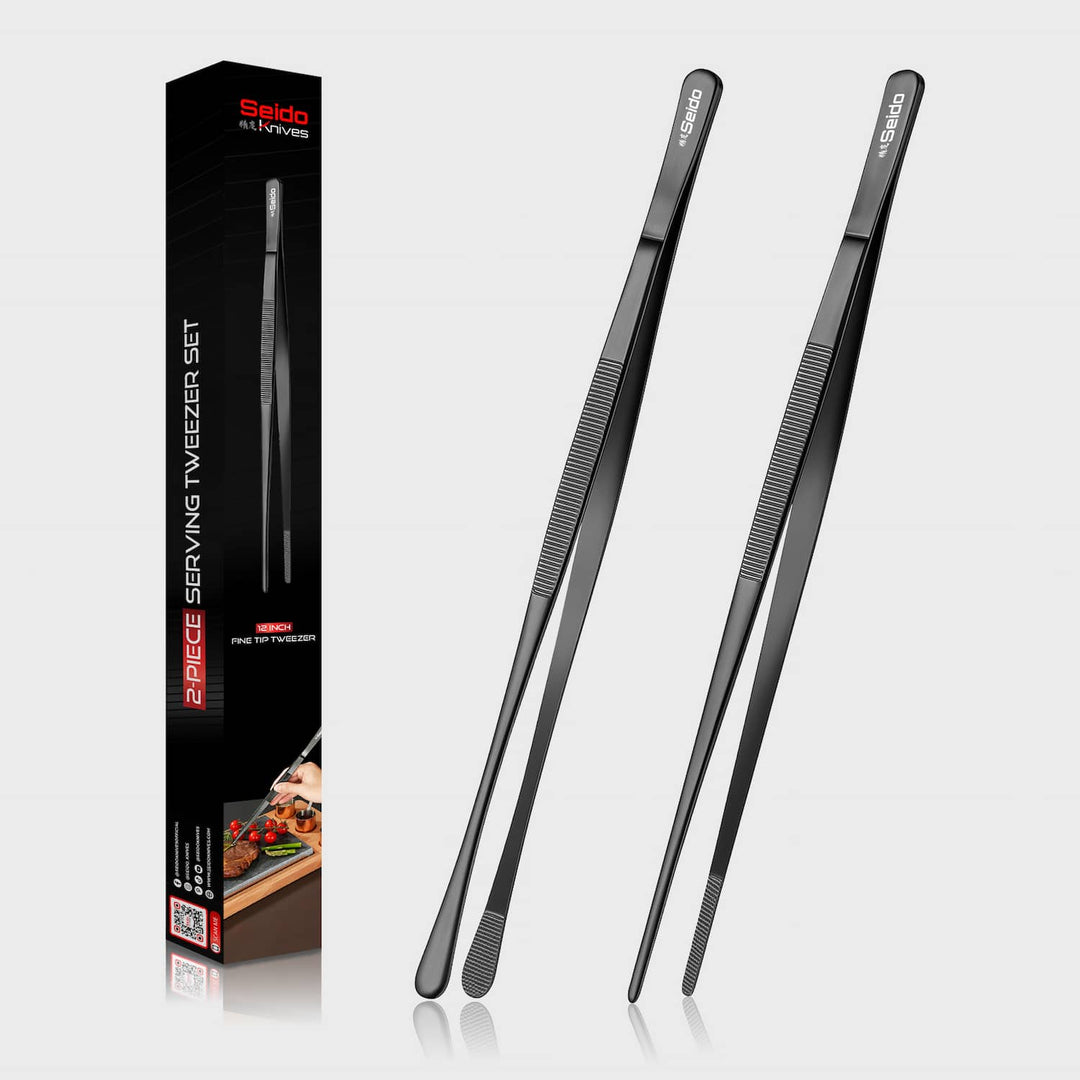 2-piece serving tweezer set presented ona  white background for gifting or storage in seido knives packaging.