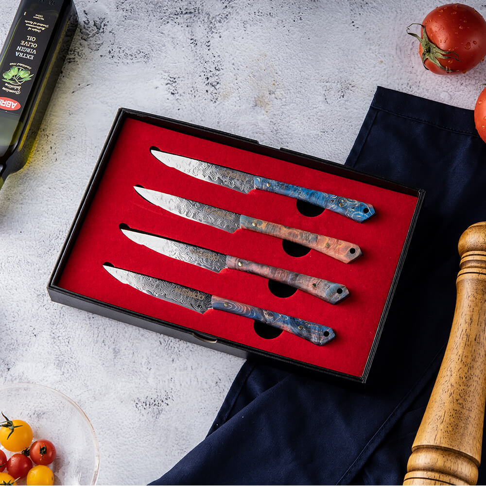 Discover the beauty and precision of Seido Knives' Damascus steel steak knife set. A must-have for any steak lover.