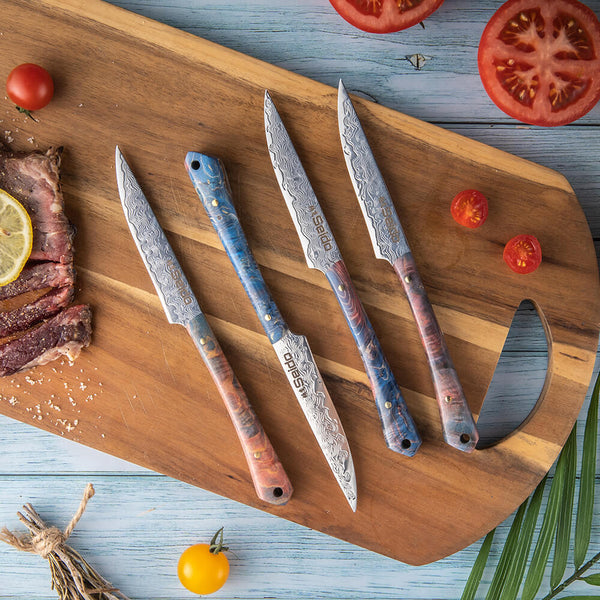 Executive Straight Edge Steak Knives | VG-10 Steak Knife Set | Best Non-Serrated Steak Knives | 4-Piece VG10 Damascus Steak Knives | Seido Knives