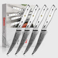 Four Takoizu series serrated steak knifes arranged in front of their branded Seido Knives box on a clean white background.