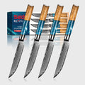 Set of 4 executive series Damascus steel steak knives with wooden handles in front of a seido knives box.