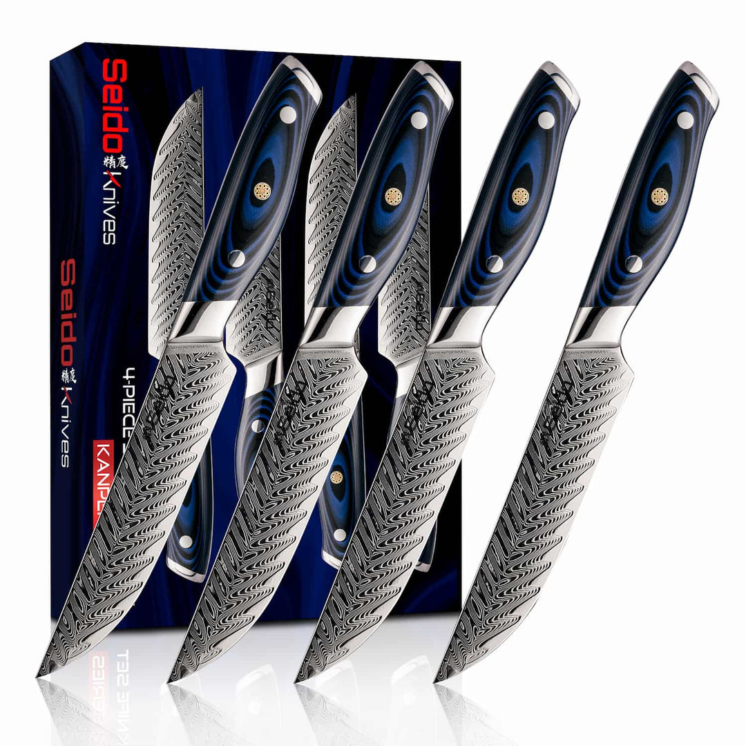 Discover the Kanpeki 4-piece Damascus Steel steak knife set by Seido Knives, complete with stylish packaging.