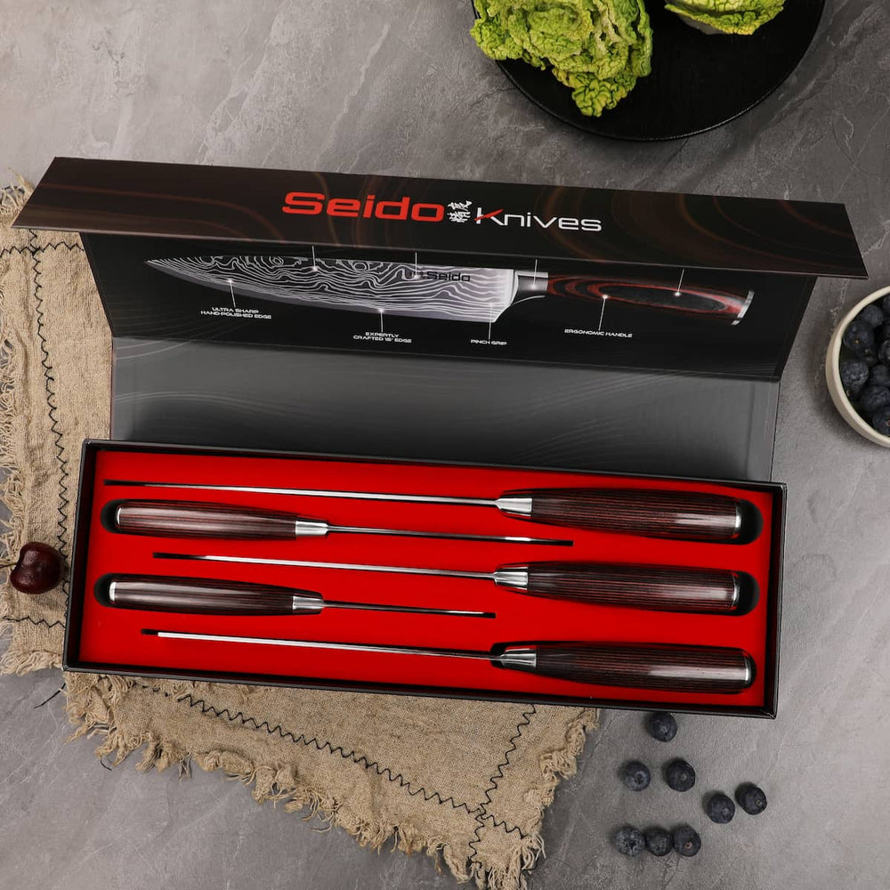 5-piece master chef knife set inside seido's gift box premium packaging