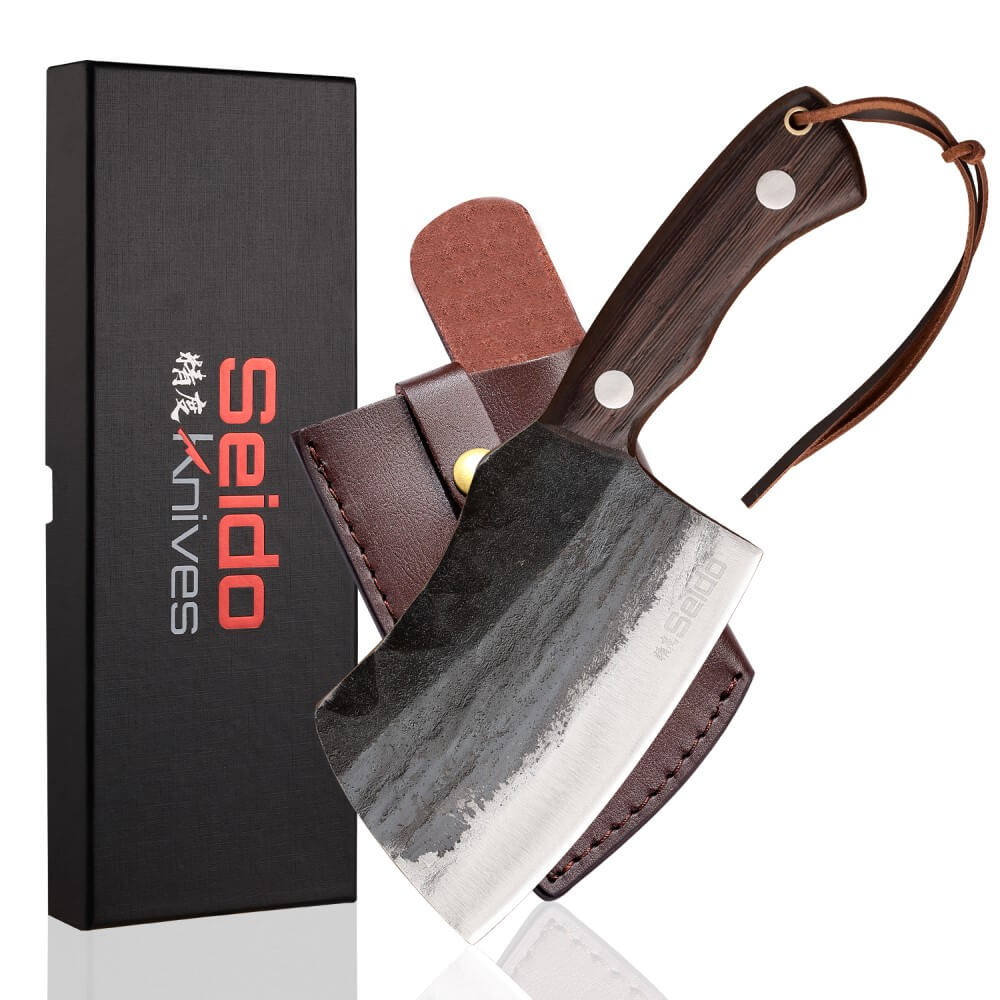 A sleek Choppa Cleaver Knife by Seido Knives, featuring a black handle and a leather sheath. Perfect for your cutting needs!