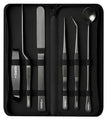 Seido 6-piece plating tweezer set laid out with protective case and tools.