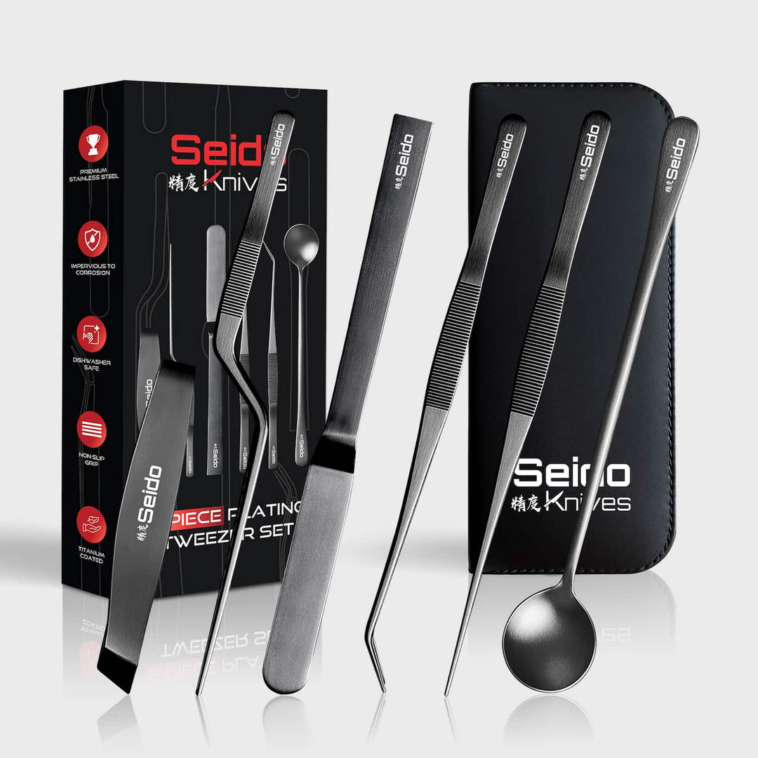 Seido Retail packaging with the 6-piece plating tweezer set and the black protective case on a white background.