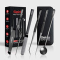 Seido Retail packaging with the 6-piece plating tweezer set and the black protective case on a white background.