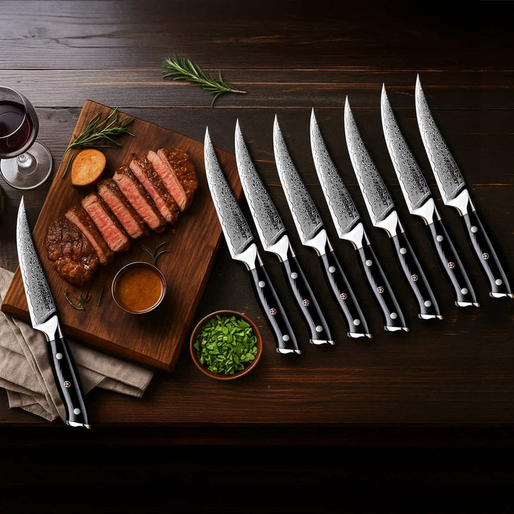Shujin Damascus 4 & 8-Piece Steak Knives | Seido Knives