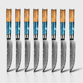 Set of 8 executive series steak knives with blue resin and brown wooden handles on a white background