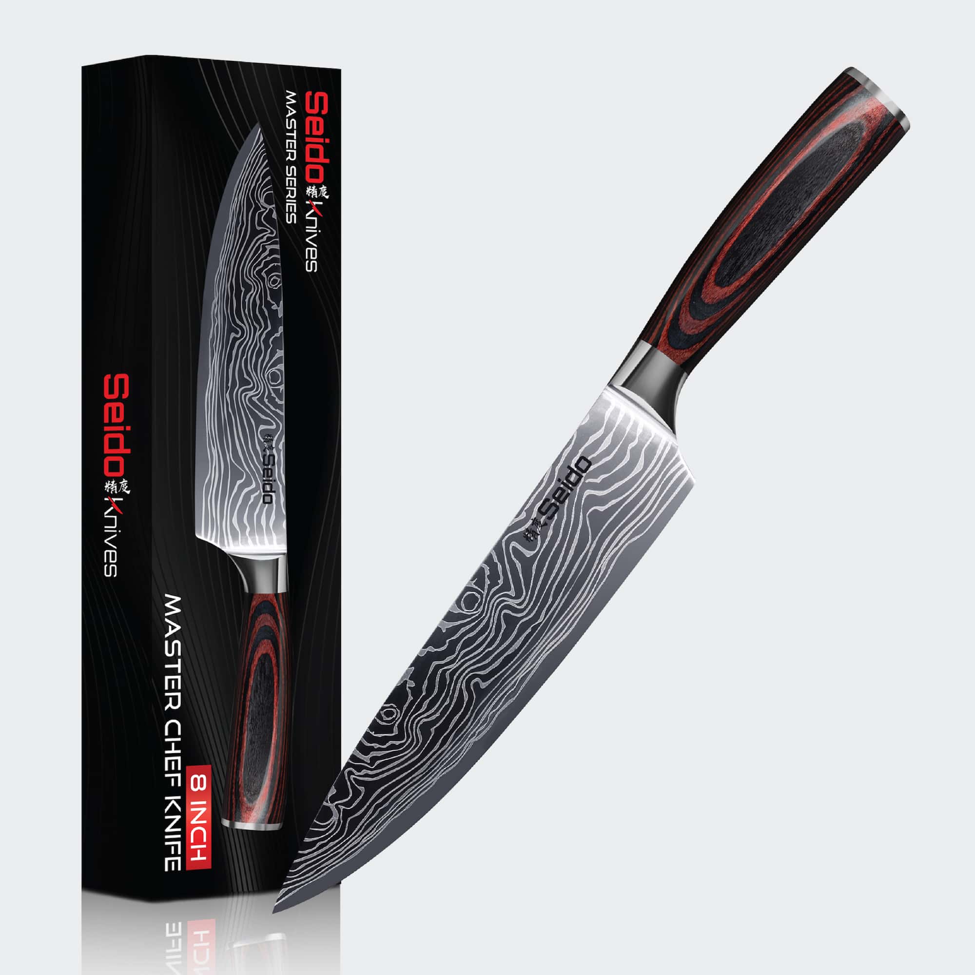 A sleek Japanese Master Chef Knife from Seido Knives, elegantly presented in a black seido gift box.