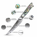 Detailed view of the Awabi Damascus steak knife with labeled infographic features on a white background