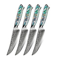 Four vibrant knives with mesmerizing green and blue patterned handles - Awabi non-serrated steak knives from Seido Knives.