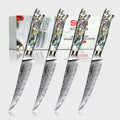 Four vibrant steak knives with mesmerizing green and blue abalone resin handles from Seido Knives.