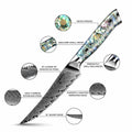 Detailed infographic of a serrated Damascus steel awabi steak knife, with abalone shell resin handle, highlighting features.