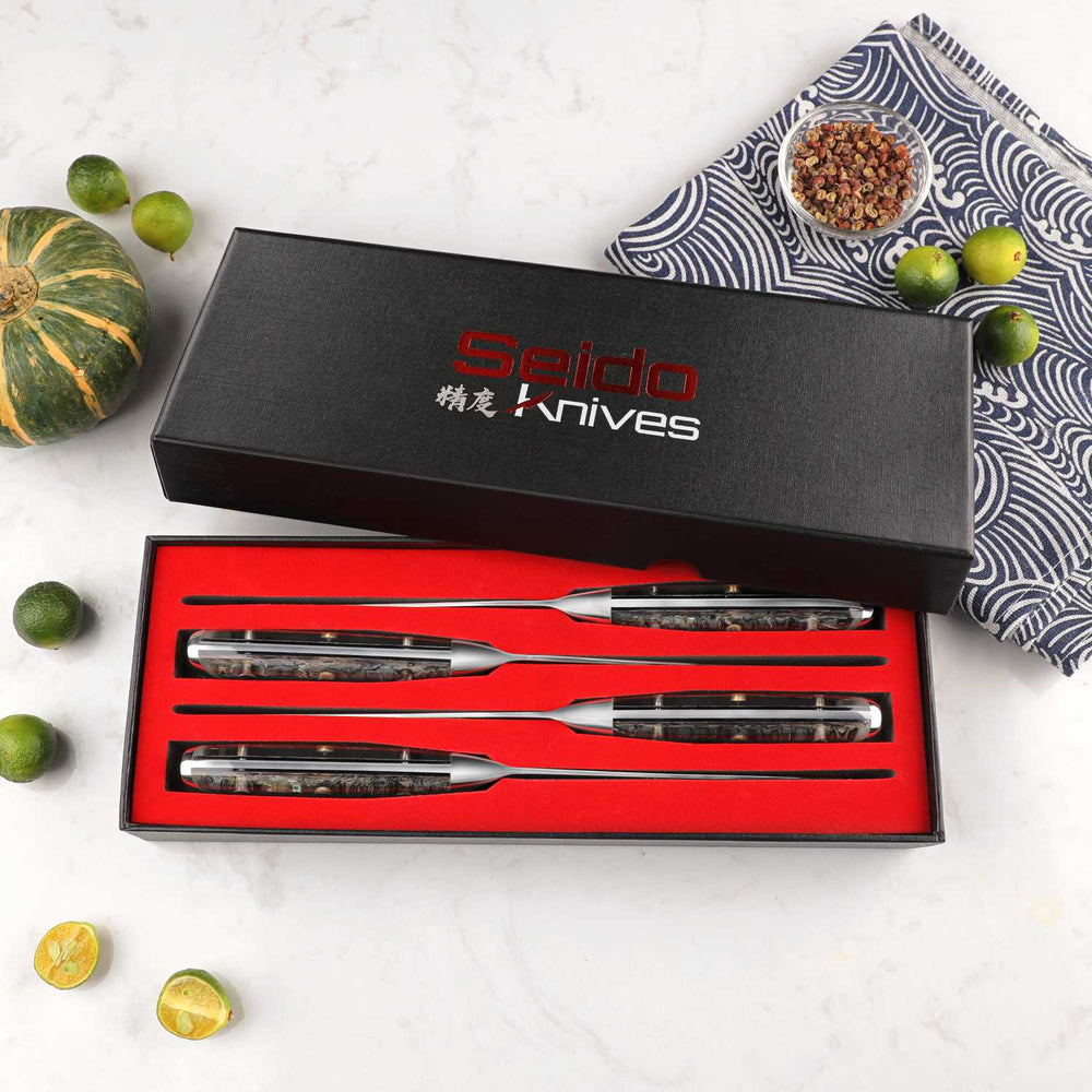 Awabi serrated steak knives presented in a Seido gift box with red inlay.