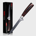 Seido boning knife with red and black handle and packaging on a white background