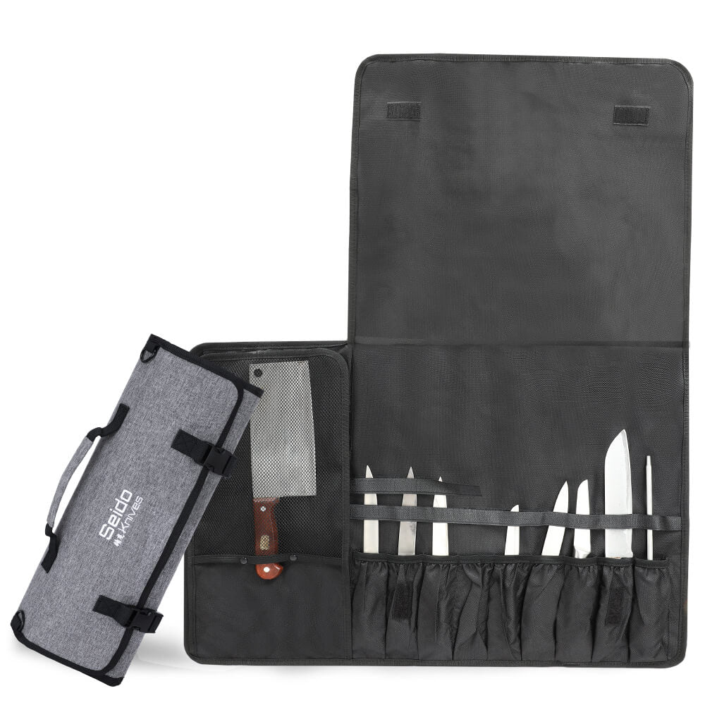 A sleek gray and black bag filled with sharp knives, perfect for chefs on the go! Get the Seido Knives knife roll bag and travel case.