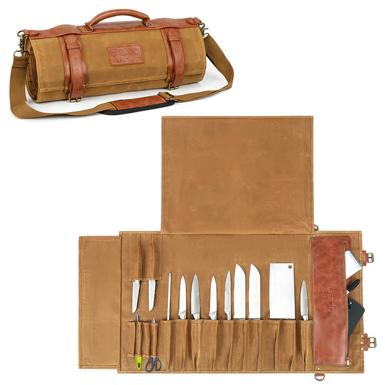 Classic Knife Roll Bag, Heavy Duty Canvas & Leather | Chef Knife Bag | Knife Case | Knife Travel Case | Seido Knives