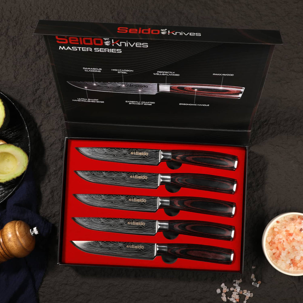 Seido 5-piece master series non-serrated steak knife set in packaging