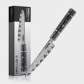 Epokishi Petty knife with a carbon fiber and grey resin handle, near its packaging on a white background.