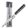 Epokishi Petty knife with a carbon fiber and grey resin handle, near its packaging on a white background.