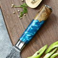 premium steak knife blue resin and wood handle close-up