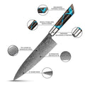 Shinko sereis Gyuto infographic: 110-layer chef knife, with detailed infographic features labeled on a white background. 
