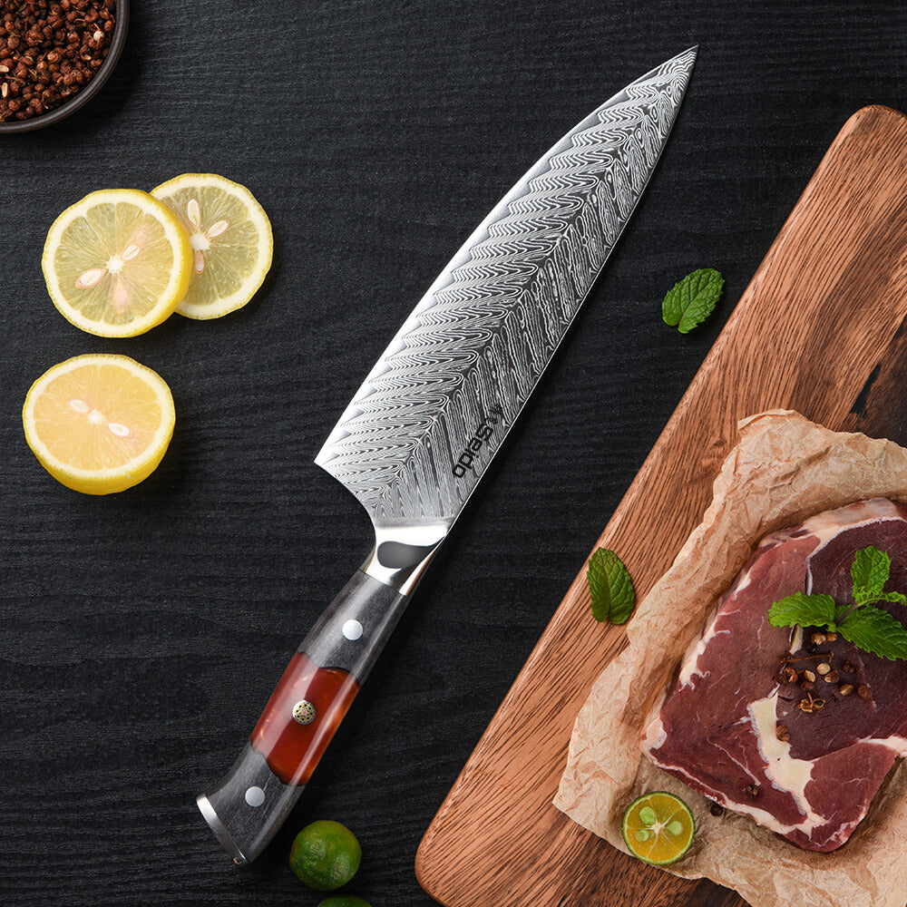 The Inferuno Gyuto AUS-10 Chef Knife by Seido Knives: a culinary tool for the modern chef. Slice and dice with precision!