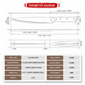 Technical diagram of a knife with dimensions and material details on a white background